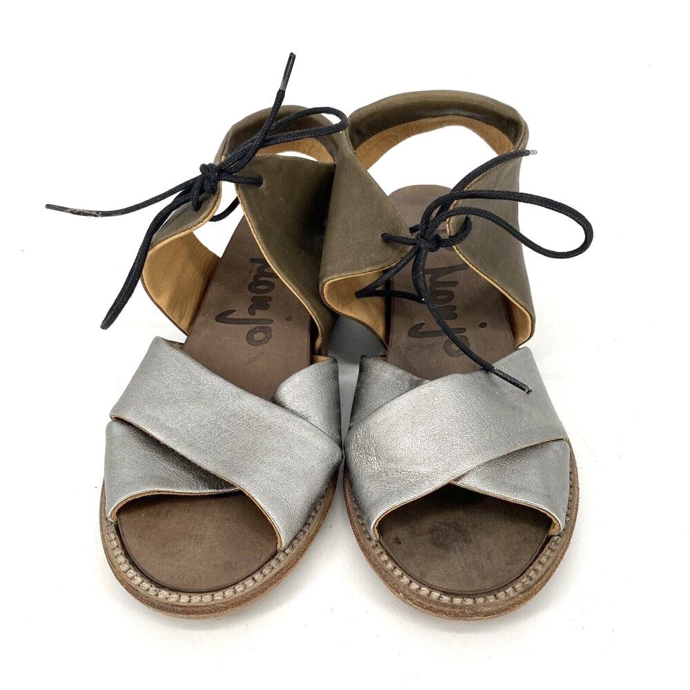 P Monjo Leather Gladiator Sandals 36 US 6 Silver Metallic Lace Up Slingback